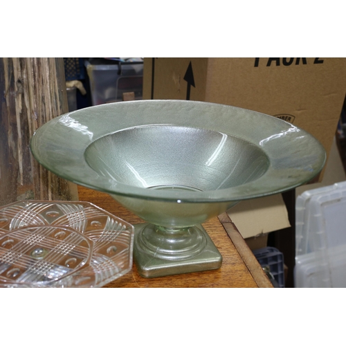 7 - Large Green Shade Bowl Vase, Heavy, plus a Cut Glass Cake Stand and a Tall Glass Vase with Dried Pla... 