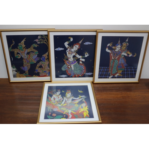 64 - Set of 4 Framed and Glazed  Blue Thai Art Silk Pictures