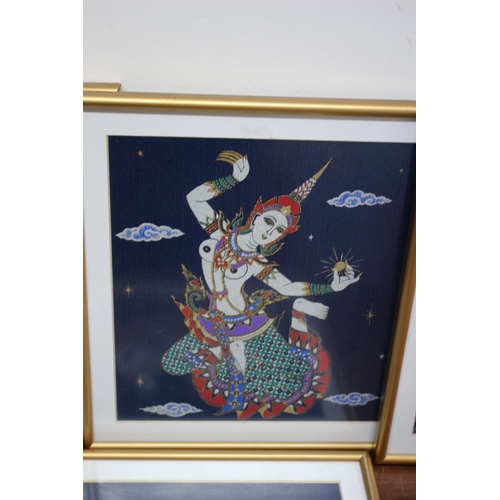 64 - Set of 4 Framed and Glazed  Blue Thai Art Silk Pictures