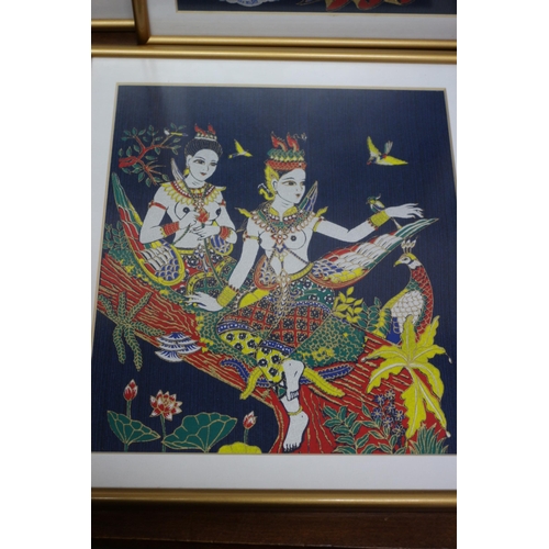 64 - Set of 4 Framed and Glazed  Blue Thai Art Silk Pictures