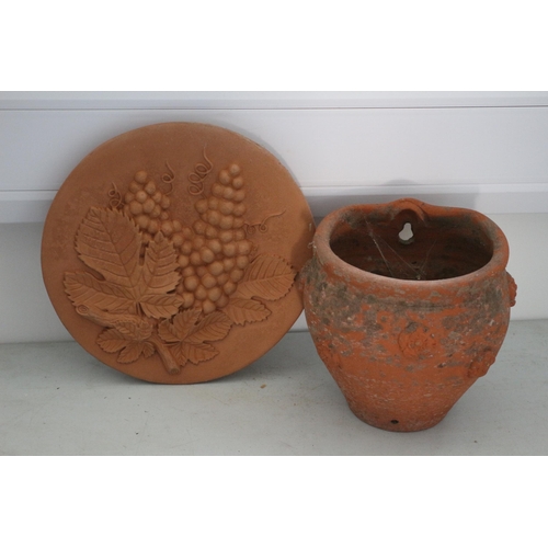 76 - 2 Aged Terracotta Garden Items - Wall Hanging Plant Pot plus Wall Hanging Ornament