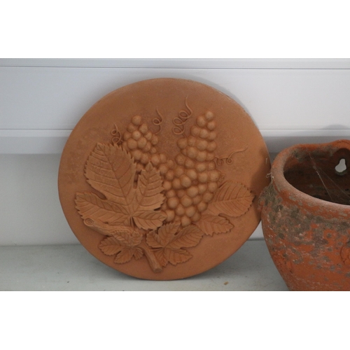 76 - 2 Aged Terracotta Garden Items - Wall Hanging Plant Pot plus Wall Hanging Ornament