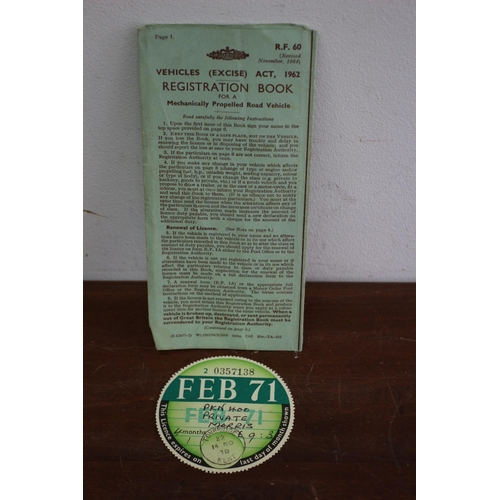 87 - Original Registration Booklet for a 1952 Morris Minor plus a 1971 Tax Disc for the Same Vehicle