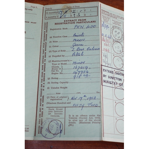 87 - Original Registration Booklet for a 1952 Morris Minor plus a 1971 Tax Disc for the Same Vehicle