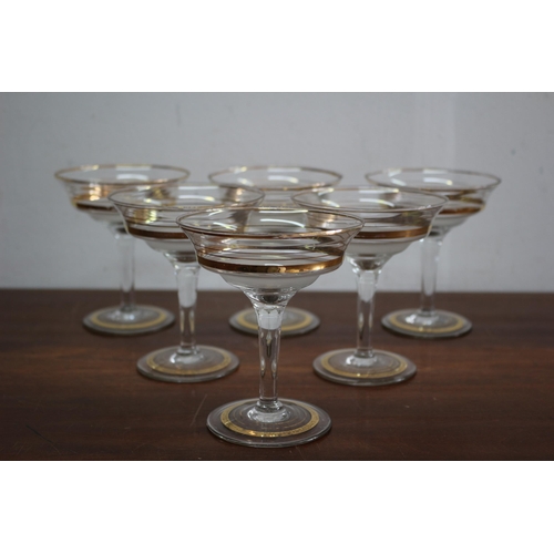 92 - Set of 6 Vintage Gold Rimmed and Ringed Champagne Glasses with Frosted Section