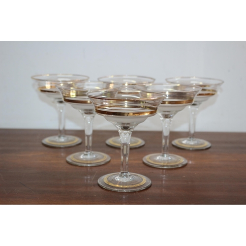 92 - Set of 6 Vintage Gold Rimmed and Ringed Champagne Glasses with Frosted Section