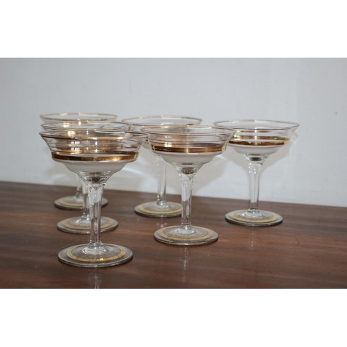 92 - Set of 6 Vintage Gold Rimmed and Ringed Champagne Glasses with Frosted Section