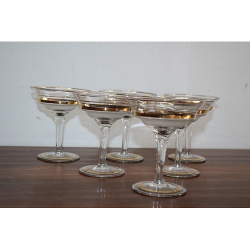 92 - Set of 6 Vintage Gold Rimmed and Ringed Champagne Glasses with Frosted Section