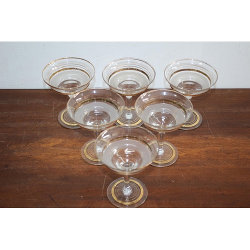 92 - Set of 6 Vintage Gold Rimmed and Ringed Champagne Glasses with Frosted Section