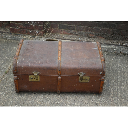 122 - Vintage Luggage Case with Wood Banding and Brass Clasps