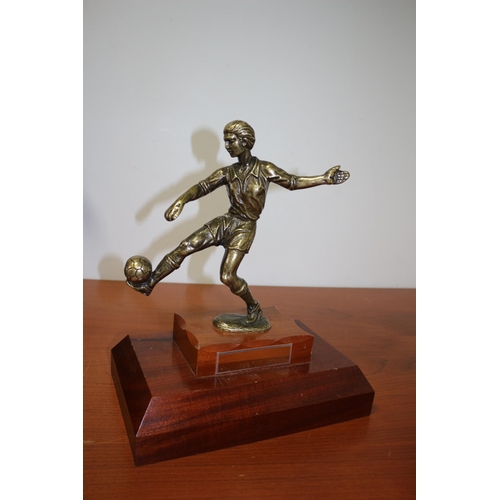 127 - Football Trophy Brass / Metal on wooden base with plaque 33 x 28cm