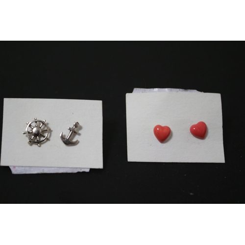 177 - 2 Pairs of Silver 925 Stud Earrings - Anchor & Wheel plus Heart Design (possibly coral?) with Butter... 