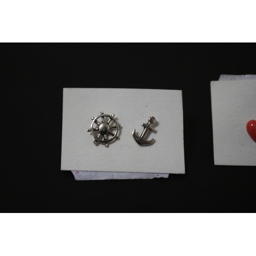 177 - 2 Pairs of Silver 925 Stud Earrings - Anchor & Wheel plus Heart Design (possibly coral?) with Butter... 