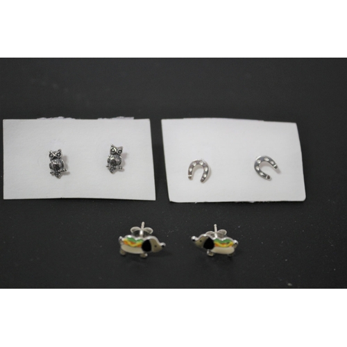 179 - 3 Pairs of Silver 925 Stud Earrings - Owl, Horseshoe and Hot Dog Design with Butterfly Clips