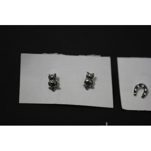 179 - 3 Pairs of Silver 925 Stud Earrings - Owl, Horseshoe and Hot Dog Design with Butterfly Clips