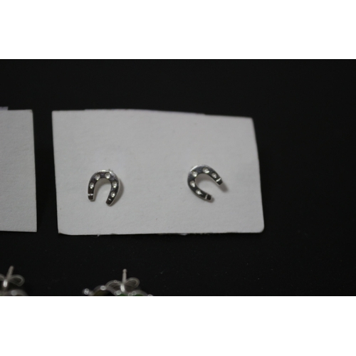 179 - 3 Pairs of Silver 925 Stud Earrings - Owl, Horseshoe and Hot Dog Design with Butterfly Clips