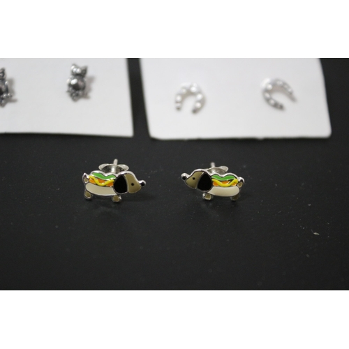 179 - 3 Pairs of Silver 925 Stud Earrings - Owl, Horseshoe and Hot Dog Design with Butterfly Clips