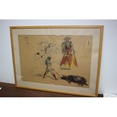 363 - Large Original Charcoal and Wash Painting in a Distinctly Picasso Style of a Spanish Bullfighter and... 