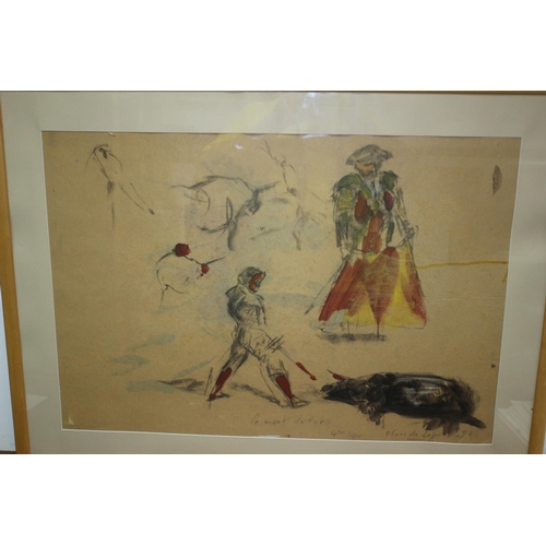 363 - Large Original Charcoal and Wash Painting in a Distinctly Picasso Style of a Spanish Bullfighter and... 