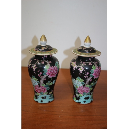 365 - Pair of, believed to be, Antique Chinese Famille Noir Lidded Pots - 23cm Tall