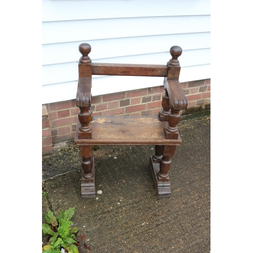 51 - Antique Oak Bench Seat with Paw End Arms and Ball Finials