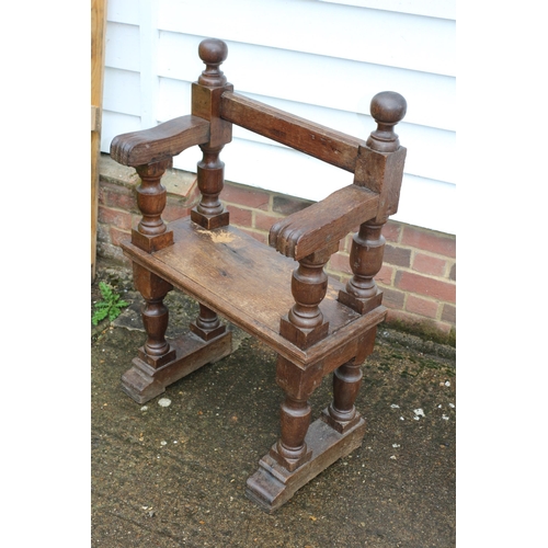 51 - Antique Oak Bench Seat with Paw End Arms and Ball Finials