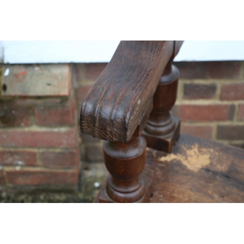 51 - Antique Oak Bench Seat with Paw End Arms and Ball Finials