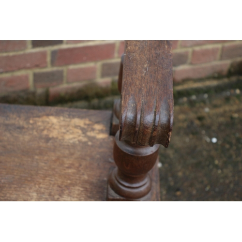 51 - Antique Oak Bench Seat with Paw End Arms and Ball Finials