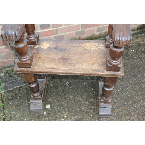 51 - Antique Oak Bench Seat with Paw End Arms and Ball Finials