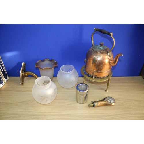 134 - Mixed Metal Ware including Kettle, Glass Shades etc including a Powder Holder