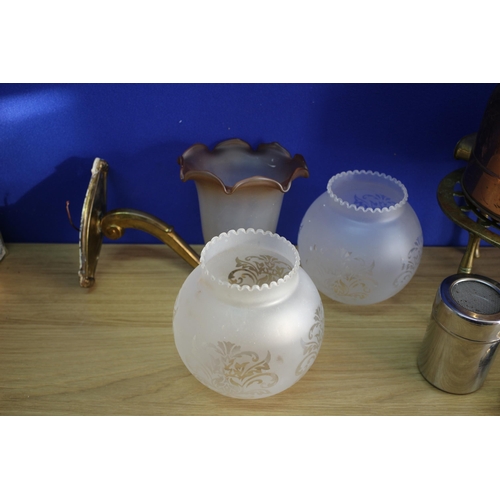 134 - Mixed Metal Ware including Kettle, Glass Shades etc including a Powder Holder