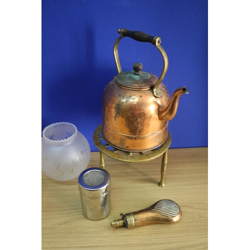 134 - Mixed Metal Ware including Kettle, Glass Shades etc including a Powder Holder