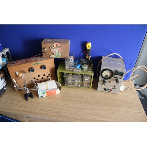 144 - Selection of Electronics including Vintage Meter, Dritte, Hand Lupe & Components, Drawers AF