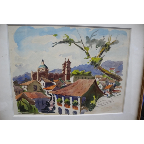 174 - Framed Watercolour of Town with Signature, 43.5cm x 36cm