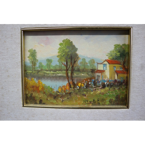 175 - Unusual Oil on Board of House Over Lake, Signed, 31.5cm x 27.5cm