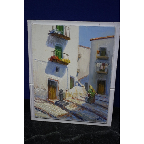 180 - Original Oil on Board of Ibiza Town - Signed Porti, 20.5cm x 25cm