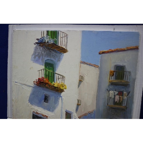 180 - Original Oil on Board of Ibiza Town - Signed Porti, 20.5cm x 25cm