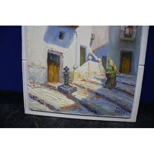 180 - Original Oil on Board of Ibiza Town - Signed Porti, 20.5cm x 25cm