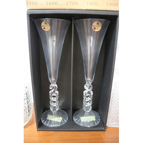 20 - 2 x Glass Decanters & Pair of Millenium 2000 Flutes