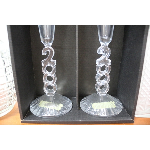 20 - 2 x Glass Decanters & Pair of Millenium 2000 Flutes