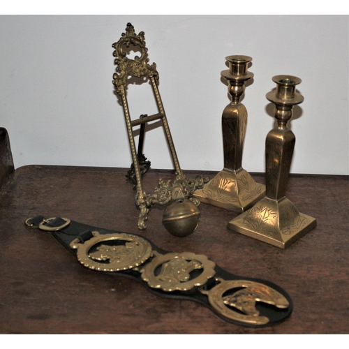 217 - Brass Easel & Candlesticks &. Bell