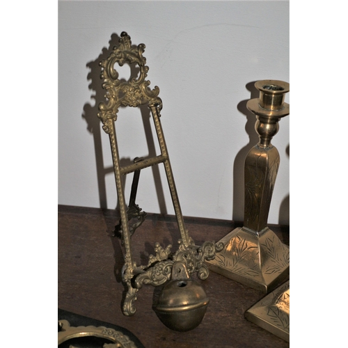 217 - Brass Easel & Candlesticks &. Bell