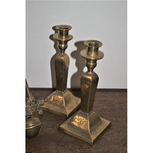 217 - Brass Easel & Candlesticks &. Bell