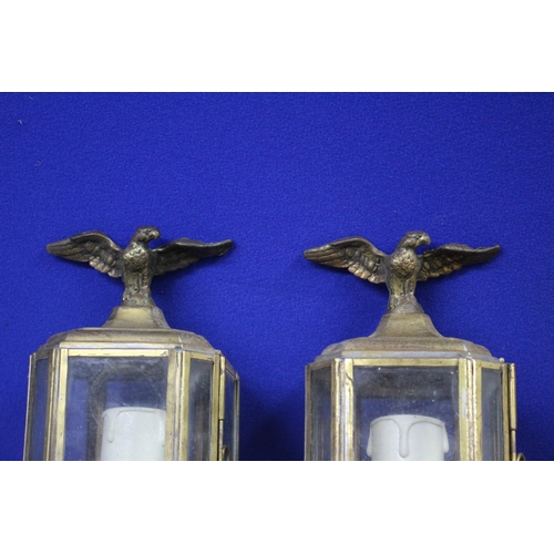 90 - Aged Brass Eagle Topped Lantern Style Electric Lamps with Glass Panels