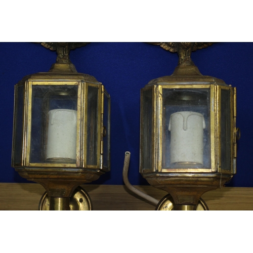 90 - Aged Brass Eagle Topped Lantern Style Electric Lamps with Glass Panels