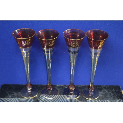 240 - Set of 4 Tall Nicely Decorated Glasses plus Mid Century Glass with White Swirl Pattern Dishes