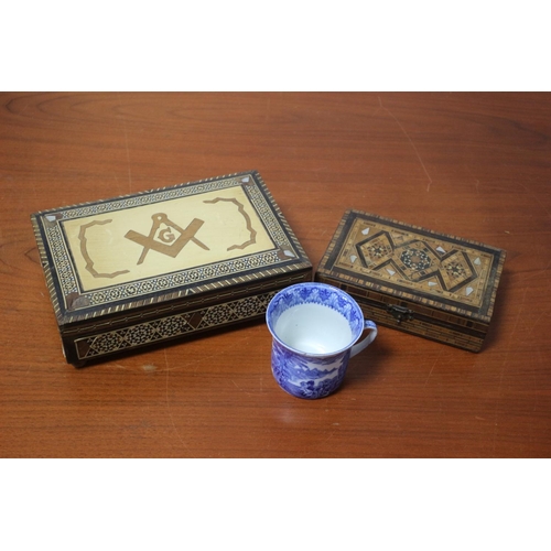 29 - 2 Inlaid Wooden Jewellery Boxes & Cup