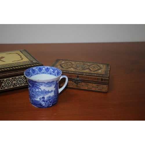 29 - 2 Inlaid Wooden Jewellery Boxes & Cup