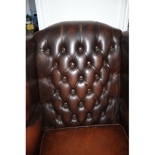 33 - Chesterfield Style Wing Back, Brown Leather Chair with Queen Anne Style Feet, small tear on one side