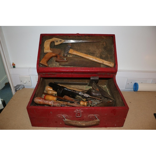 45 - Vintage Wooden tool Box & Tools, Box is 36cm x 45.5c cm x 17cm